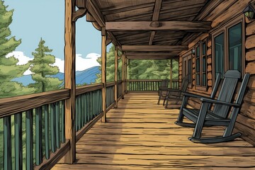 detail shot of log cabin porch railing, magazine style illustration