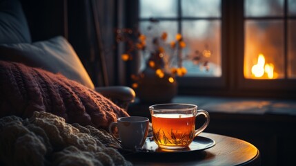 A mug of hot tea in a cozy living room with a fireplace. Cozy winter day - obrazy, fototapety, plakaty
