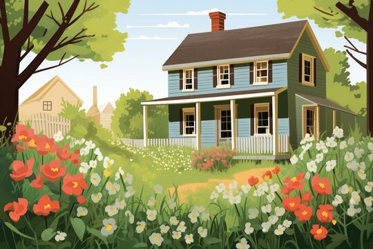 saltbox home surrounded by blooming spring flowers, magazine style illustration