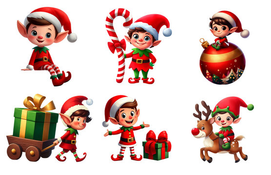 A set of cute Christmas Elves isolated on a transparent background