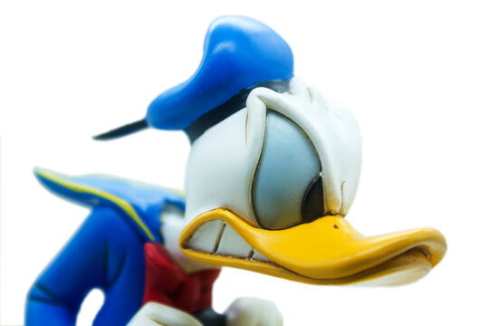Studio image of an angry Donald Duck with a white isolated background.