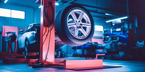 Tire workshop. A photograph in car workshop. MOT. New and old tyres. winter or season wheel change. Puncture. Rims. Alignment. Green and red energetic color palette. Car Service. - obrazy, fototapety, plakaty