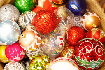 Decoration items for Christmas in Christmas market. Selective focus, close-up