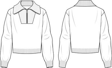 Women's Half Zip Detail Jumper. Technical fashion illustration. Front and back, white colour. Women's CAD mock-up. - obrazy, fototapety, plakaty
