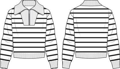 Women's Half Zip Striped Jumper. Technical fashion illustration. Front and back, white color. Women's CAD mock-up. - obrazy, fototapety, plakaty