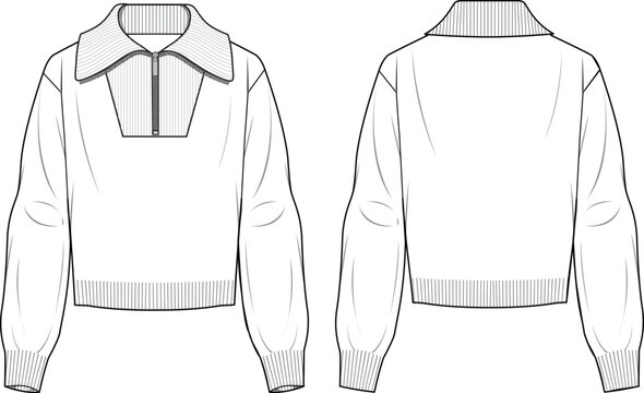 Women's Half Zip Detail Jumper. Technical Fashion Illustration. Front And Back, White Colour. Women's CAD Mock-up.