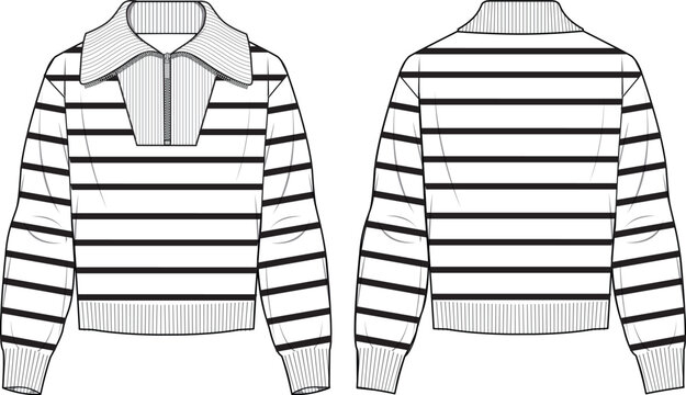 Women's Half Zip Striped Jumper. Technical fashion illustration. Front and back, white color. Women's CAD mock-up.