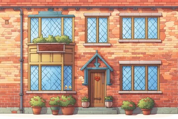 detail shot of brick base corner, tudor style home, magazine style illustration