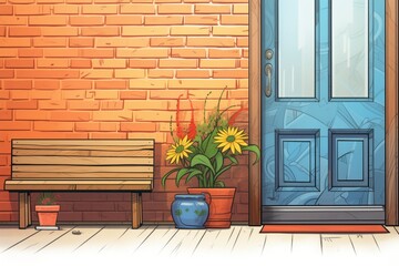 detail shot of brick base and wooden door, magazine style illustration