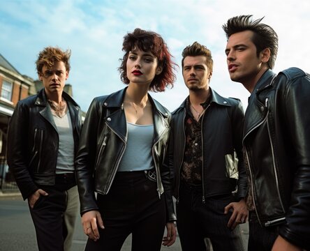People fashion clothing 1950, 1960 in the style of iconic rock and roll imagery, Times of driving music, trendy hairstyles, stylish clothes, daring deeds, leather jackets and colorful dresses .