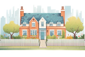 white picket fence complimenting tudor house with brick base, magazine style illustration - obrazy, fototapety, plakaty