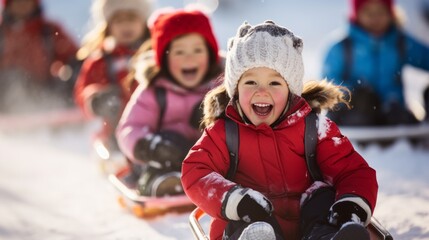 Adorable little kids having fun on a sled in the winter outdoor