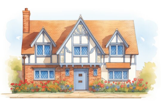 a front gable on a tudor-style village house basked in morning light, magazine style illustration