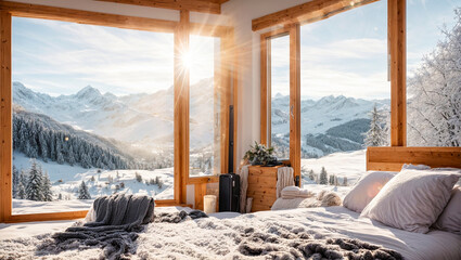 Beautiful cozy bedroom in an eco house in nature, winter