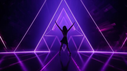 woman dancing in front of purple neon simple triangle, copy space, 16:9
