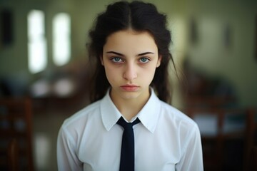 Sad teenage schoolgirl wearing a school. uniform with beautiful eyes looking at the camera - obrazy, fototapety, plakaty