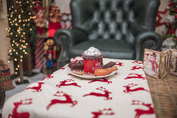  A colorful, joyful scene adorned with a Santa statue, plush sofa, and charming stuffed animals. Perfect for holiday-themed projects.