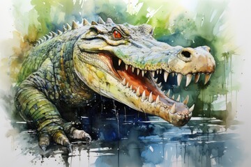Fototapeta premium watercolor Crocodile, alligator tropical animal drawing by watercolor