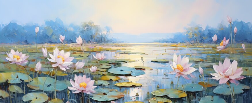 pink lotus pond, lotus flower blossoming art illustration, summer and tropical background wallpaper,  Ai Generated