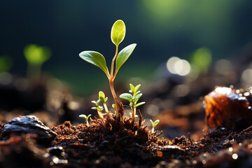 Small plant sprout fresh earth macro photography. AI