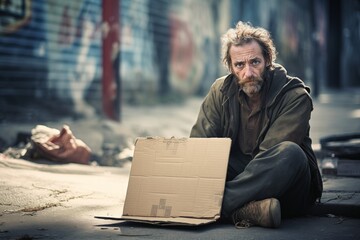 Homeless man with blank cardboard sign sitting on the ground in an urban environment - obrazy, fototapety, plakaty