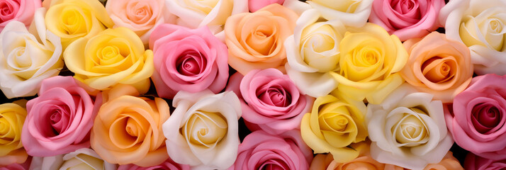 Panoramic close-up of assorted roses in pastel colors for Valentine's day