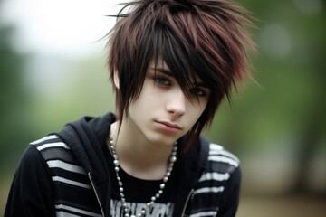 Teenage boy with an emo hairstyle in a park