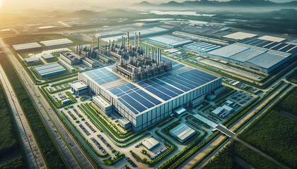 Sustainable Industrial Revolution, photorealistic aerial view of a high-tech commercial, industrial factory building with solar panels on its roof. generative ai - obrazy, fototapety, plakaty