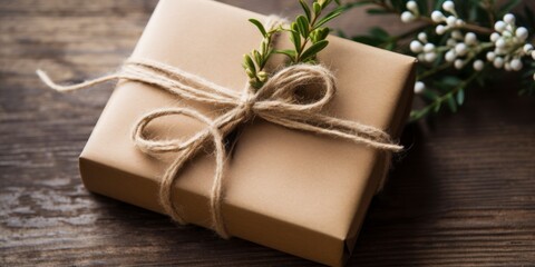 small, charming gift wrapped in brown paper with a vintage lace ribbon and a sprig of mistletoe