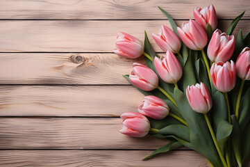 Pink tulips on wooden background, copy space. AI