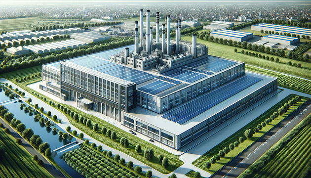  Green Future in Industry, aerial view of a high-tech commercial, industrial factory building featuring solar panels on its roof. Sustainability, generative ai