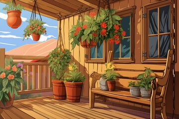 Fototapeta na wymiar log cabins balcony with hooks for hanging plants, magazine style illustration