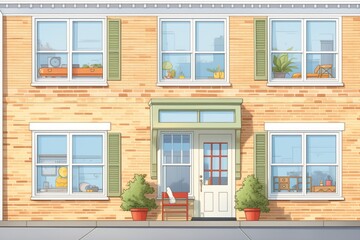 close-up of white window frames on a two-story colonialist house, magazine style illustration