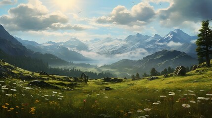 Fototapeta premium Illustration of a landscape with a river and colorful trees.