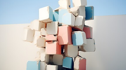 Pile of white, red, blue and beige boxes on a wall