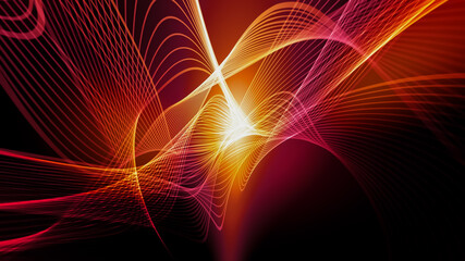 Illustration of red orange pink backlit wavy curved shaped train with effects on black background