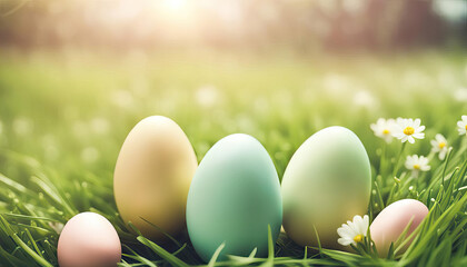 Beautiful spring easter eggs outdoors with copy space - Powered by Adobe
