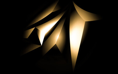 Illustration of a dark background with 3D golden sharp textured shapes with effects