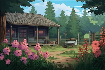 Fototapeta na wymiar image of log cabin framed by flowering plants, magazine style illustration