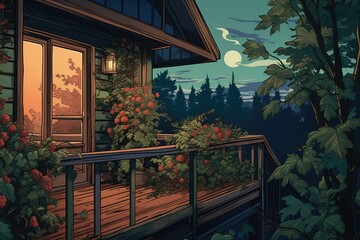 cabin with balcony viewed through forest foliage, magazine style illustration