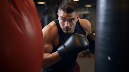 A man wearing boxing gloves in a gym, ready to fight. - Powered by Adobe