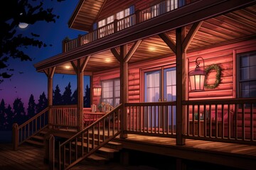 two-story log cabin with lights on the balcony, magazine style illustration