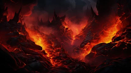 Poster Im Rahmen Captivating lava wallpaper: fiery beauty and volcanic landscapes in breathtaking visuals. Earth's core, hot lava flow, volcanic activity, nature's fiery display. © Alla