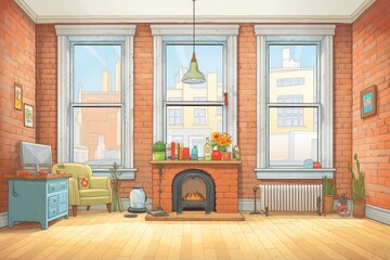 exposed brick wall inside victorian with bay window, magazine style illustration