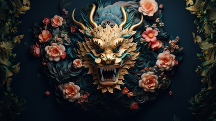 Colorful Asian dragon, tapestry technique