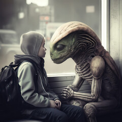 An Alien meeting a Child Little Boy on Earth