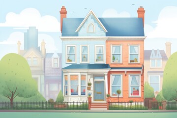 wide view of a victorian home exterior focusing on bay window, magazine style illustration
