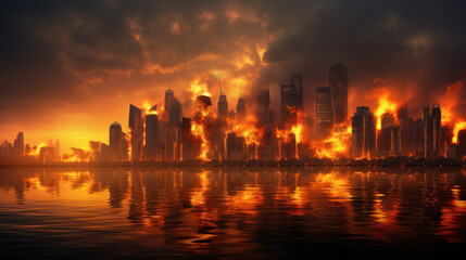 Fototapeta na wymiar City engulfed in flames, doomsday, nuclear war concept