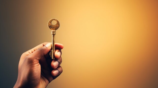 A hand holding a key on an orange background, AI