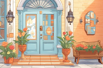 victorian home entrance with ornamental accents, magazine style illustration